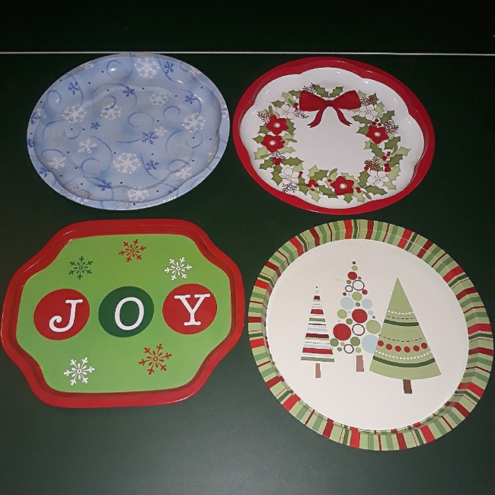 Four holiday tin plates serving trays Christmas joy snowflakes display decor fun